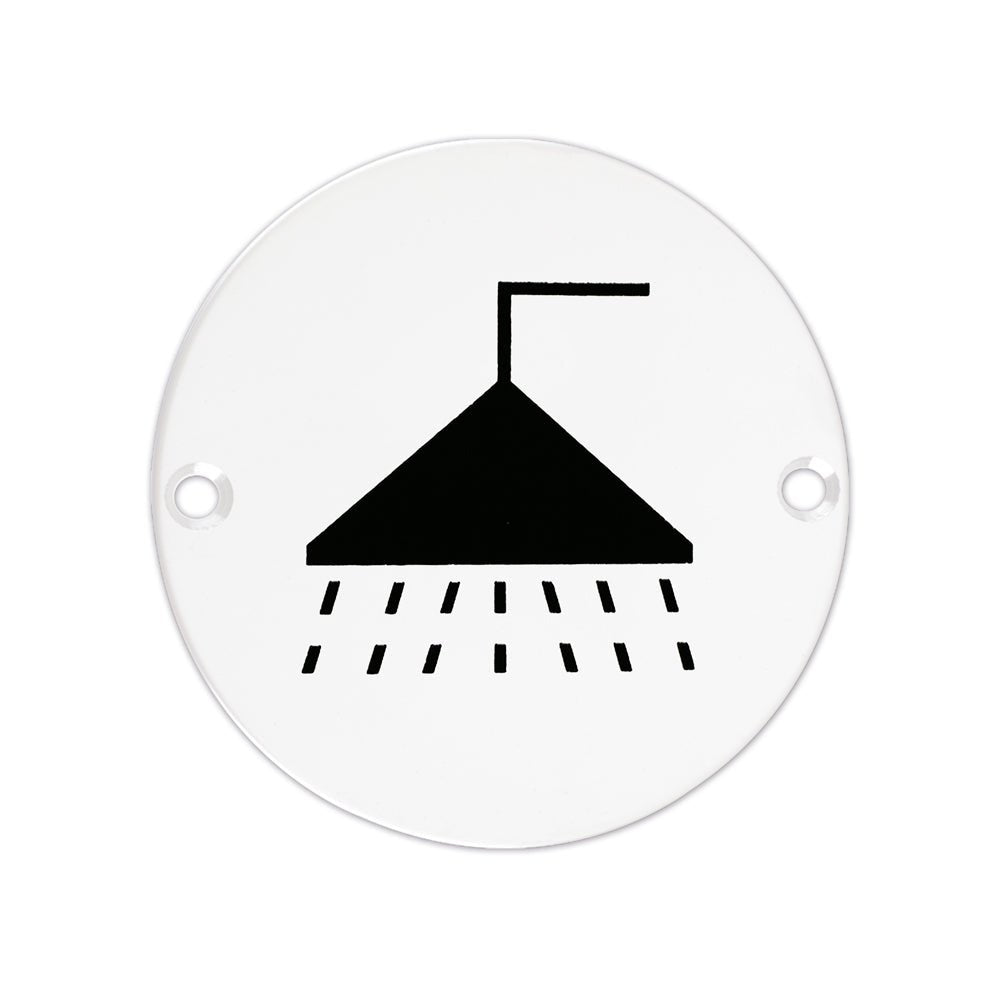 Zoo Hardware Shower Sign in round shape with a white background and a black shower head graphic, featuring a simple design for clear identification of shower facilities.