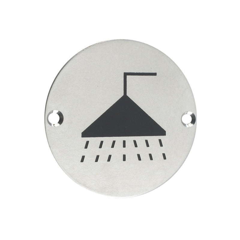 Zoo Hardware Shower Sign in stainless steel with a round shape, featuring a black showerhead graphic and two mounting holes for installation.