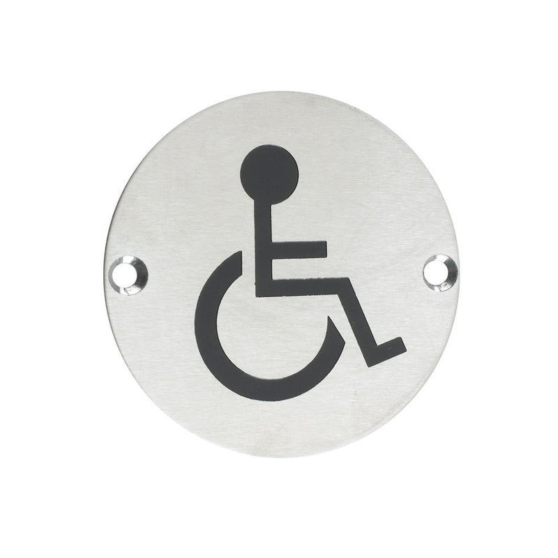 Zoo Hardware Disabled Symbol Sign in a round stainless steel design featuring a black wheelchair symbol, with two holes for mounting.