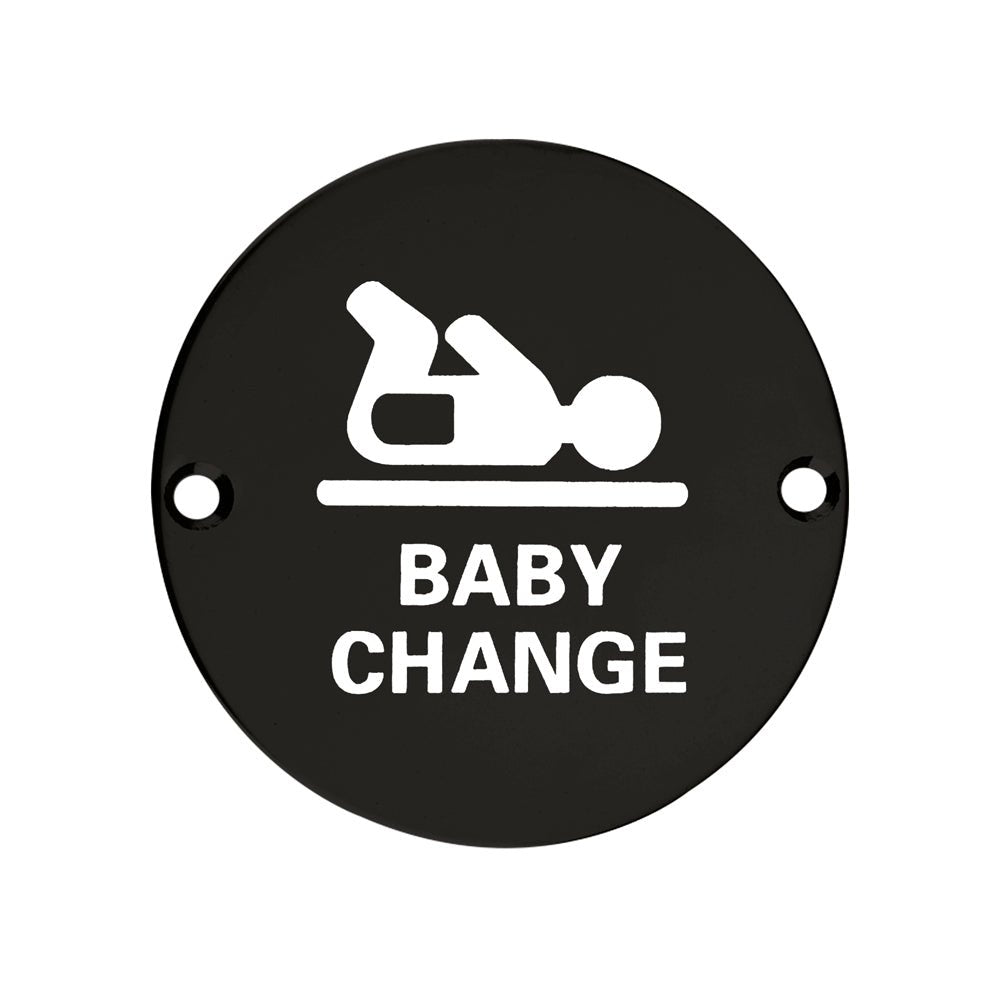 Zoo Hardware Baby Change Symbol in black with a round design, featuring a white graphic of a baby and the text "BABY CHANGE" in bold white letters.