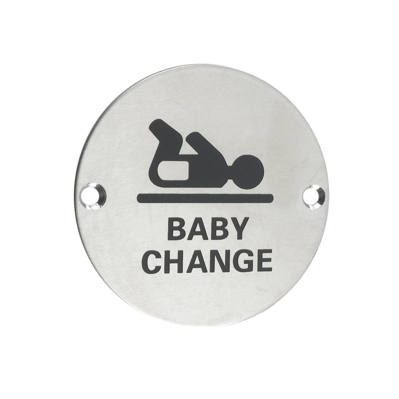 Zoo Hardware Baby Change Symbol in stainless steel, circular shape with a black graphic depicting a baby on a changing table and the text 'BABY CHANGE' underneath.