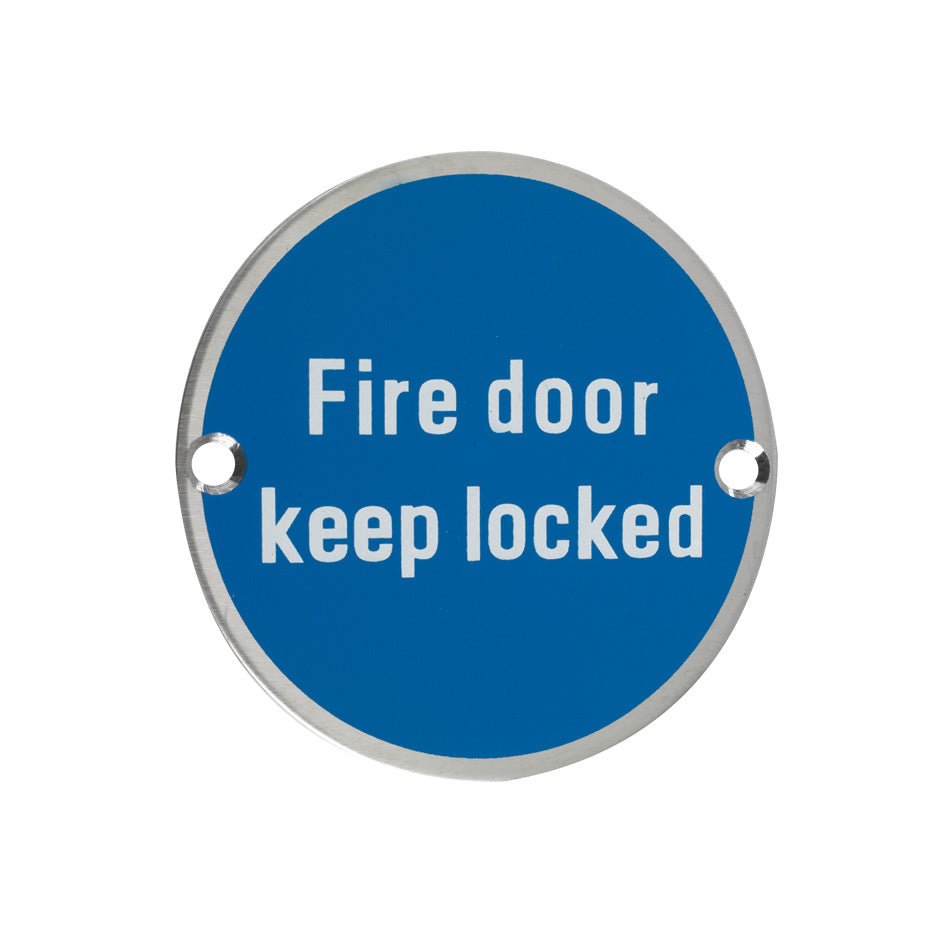 Zoo Hardware Fire Door Keep Locked Sign in round shape with a blue background and white text, featuring two holes for mounting.