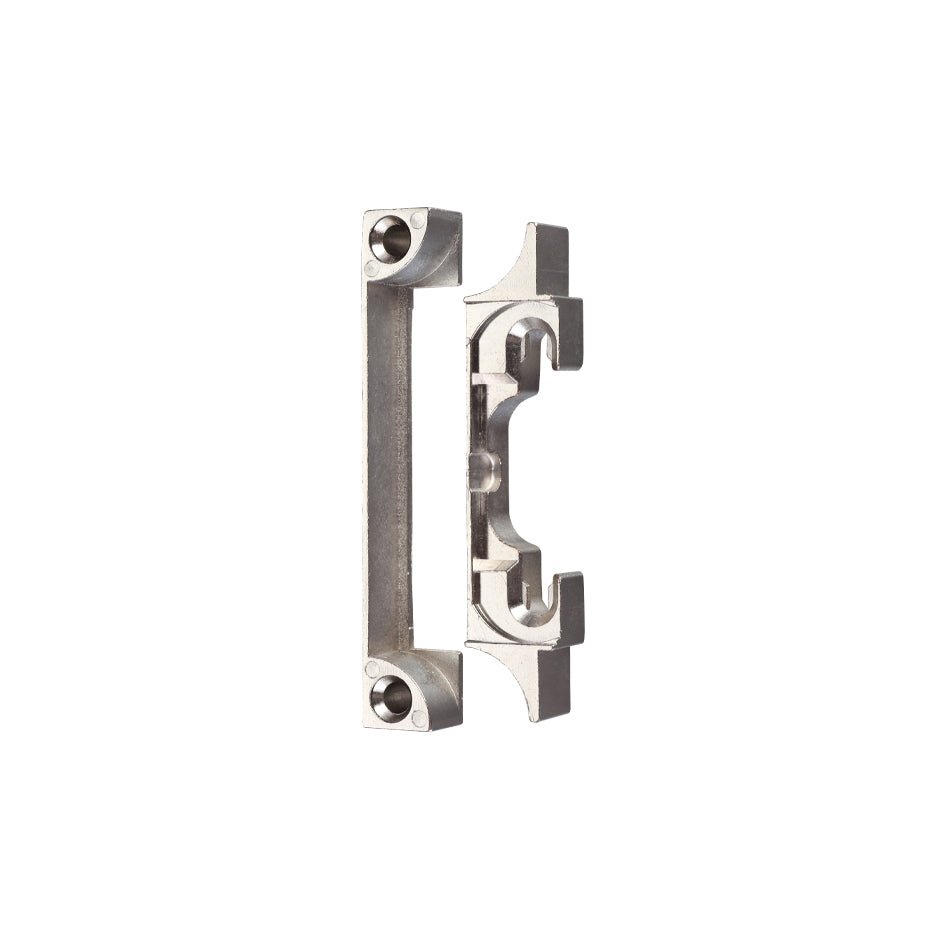 Zoo Hardware Contract Tubular Rebate Kit in silver finish, made from metal, featuring a sleek design with two square holes for screws, intended for door installation.