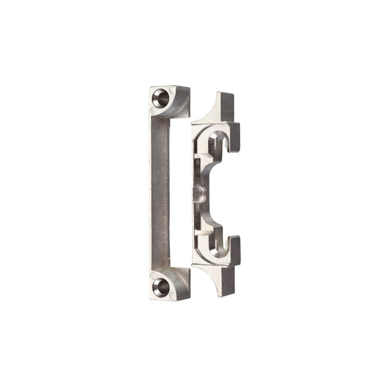 Zoo Hardware Contract Tubular Rebate Kit in silver finish, made from metal, featuring a sleek design with two square holes for screws, intended for door installation.