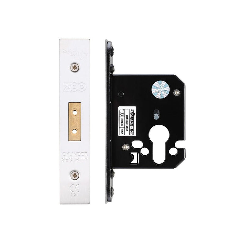 Zoo Hardware Euro Profile Deadlock featuring a silver faceplate and black metal body, designed for secure locking mechanisms, with visible keyhole and cylinder slot.