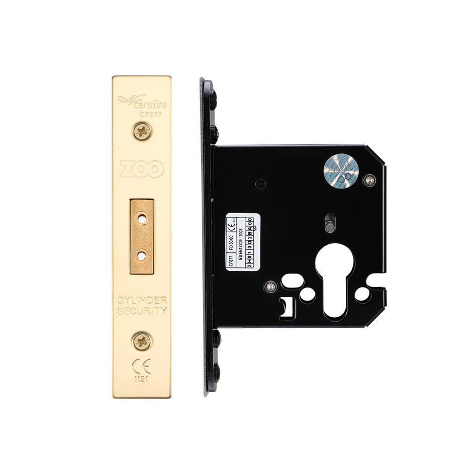 Zoo Hardware Euro Profile Deadlock with a brass faceplate and a black steel body, featuring a cylinder security mechanism and mounting points for easy installation.