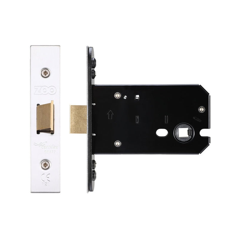 Zoo Hardware Flat Latch in a metallic finish, featuring a rectangular housing and a brass latch bolt mechanism. The latch is designed with a sleek faceplate and mounting holes for installation.