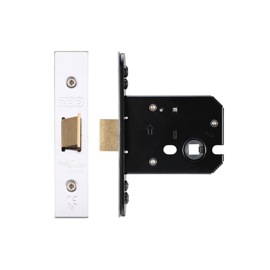Zoo Hardware Flat Latch in a sleek silver finish, shown with a rectangular faceplate and a black metal interior mechanism featuring a brass bolt.