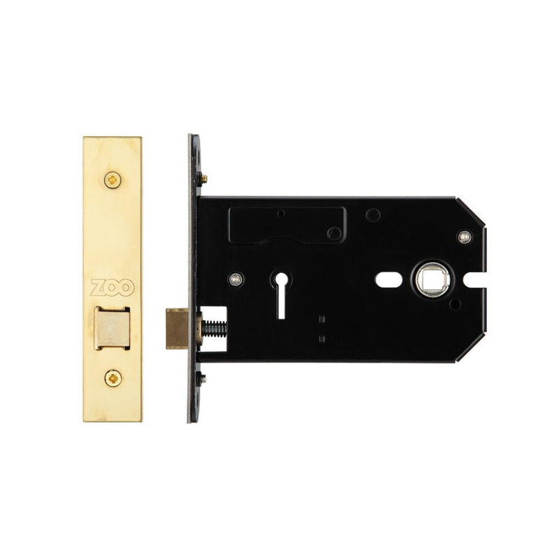 Zoo Hardware Horizontal Latch featuring a brass exterior and a black interior mechanism. The latch is rectangular with a button for operation, and includes a keyhole, suitable for various door installations.