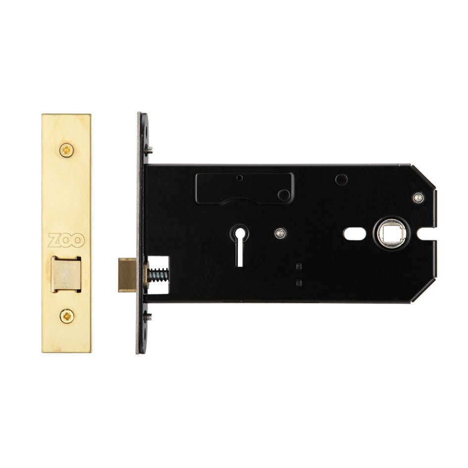 Zoo Hardware Horizontal Latch in a brass finish, featuring a rectangular plate and a black internal mechanism with a keyhole and lever slot.