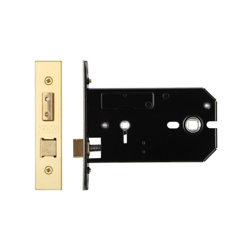 Zoo Hardware Horizontal Lock – Bathroom Version featuring a gold finish faceplate and a black steel mechanism. The lock includes a rectangular design with a keyhole and a latch for secure closure.