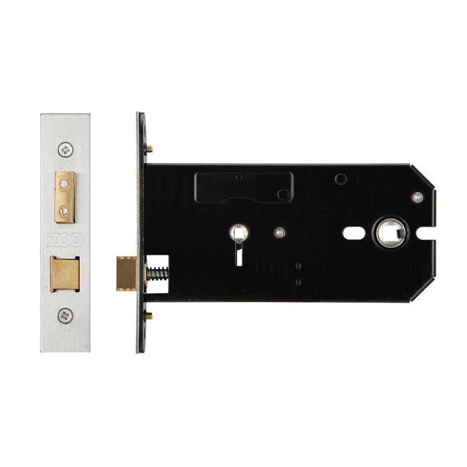 Zoo Hardware Horizontal Lock – Bathroom Version featuring a silver metal faceplate with a rectangular latch and a black interior mechanism with a keyhole and a privacy turn. Designed for secure bathroom access.