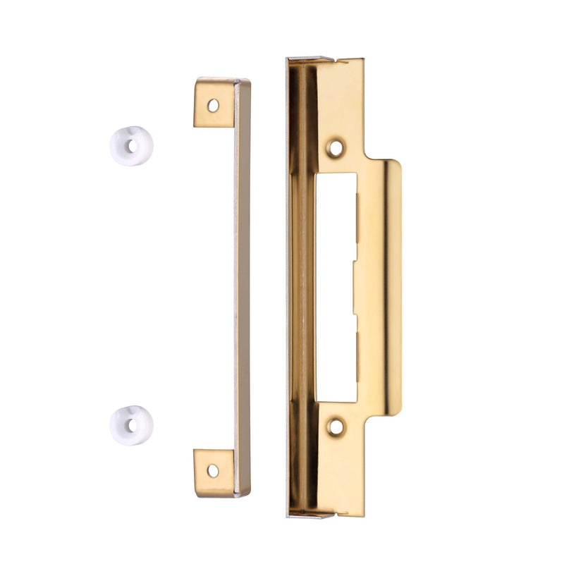 Zoo Hardware Rebate Kit to Suit Cylinder Sash Lock in gold finish, featuring a rectangular strike plate and a corresponding latch plate, designed for secure fitting with two white mounting screws included.