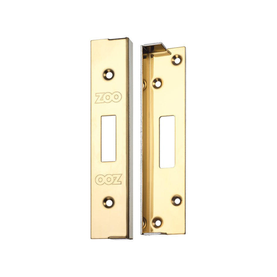 Zoo Hardware Rebate Kit to Suit UK Dead Lock in gold finish, featuring two metal plates with slots for key operation and multiple screw holes for installation.