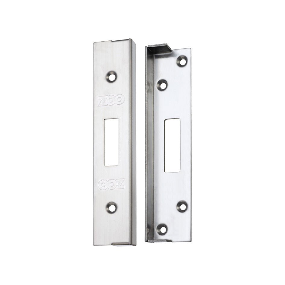 Zoo Hardware Rebate Kit to Suit UK Dead Lock in stainless steel, featuring two elongated plates with rectangular cutouts and multiple mounting holes for installation.