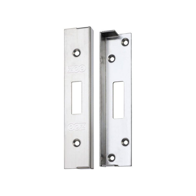 Zoo Hardware Rebate Kit to Suit UK Dead Lock in stainless steel, featuring two elongated plates with rectangular cutouts and multiple mounting holes for installation.