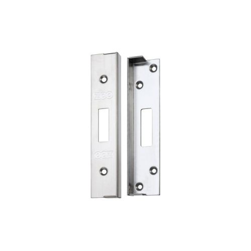 Zoo Hardware Rebate Kit for BS 5 Lever Deadlocks in a silver finish, featuring two metal plates designed for 67mm and 80mm deadlocks with pre-drilled holes for easy installation.