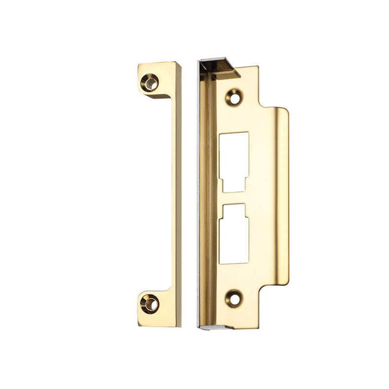 Zoo Hardware Rebate Kit to Suit UK Horizontal Lock & Latch in a polished brass finish, consisting of two metal plates with screw holes for secure installation.