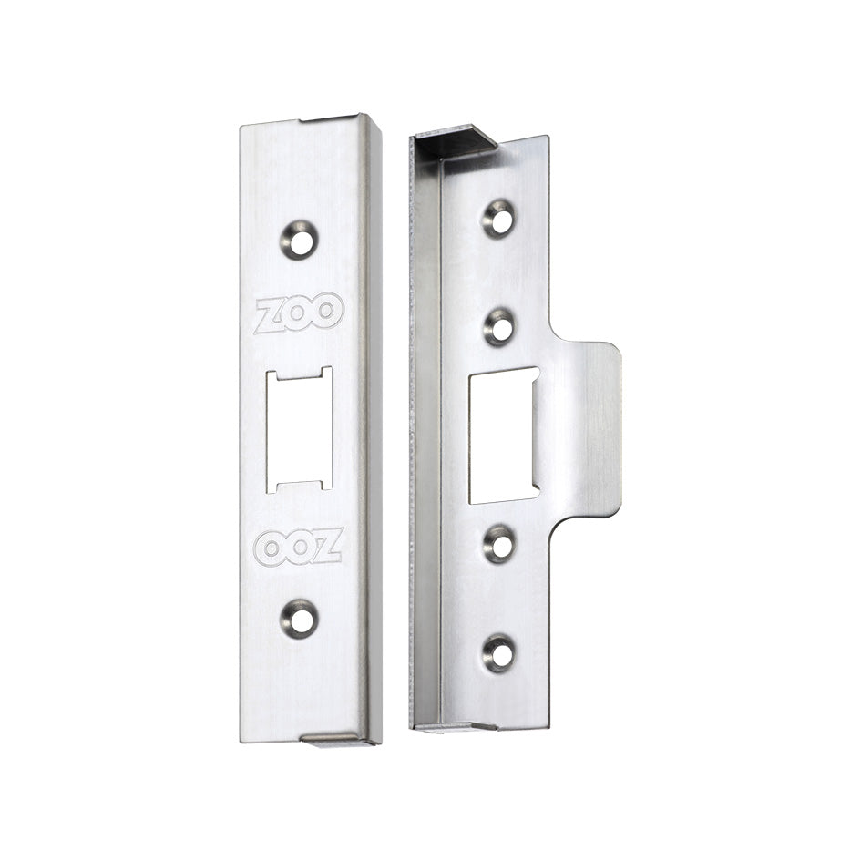 Zoo Hardware Rebate Kit to Suit UK Flat Latch in stainless steel, featuring a lock and striker plate with multiple holes for installation.