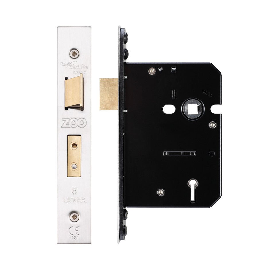 Zoo Hardware BS3621 5-Lever Sashlock in polished brass, measuring 67mm, features a 5-lever mechanism. The lock body shows a silver finish with a black backplate, suitable for Chubb 3K74 retrofit.