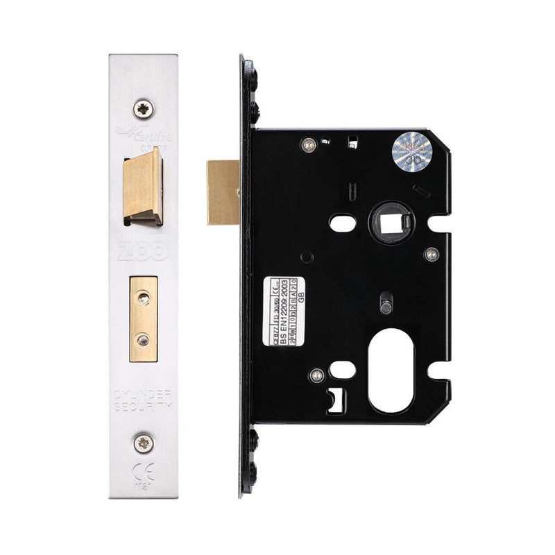 Zoo Hardware Oval Profile Sashlock featuring a stainless steel faceplate and brass bolt mechanism, with a black metal body and multiple internal components visible for mechanism functionality.