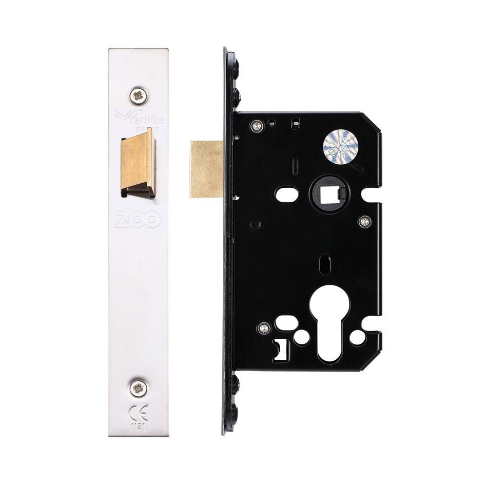 Zoo Hardware Upright Latch in a silver finish with a rectangular strike plate and a black housing, featuring a round cylinder and multiple mounting holes for secure installation.