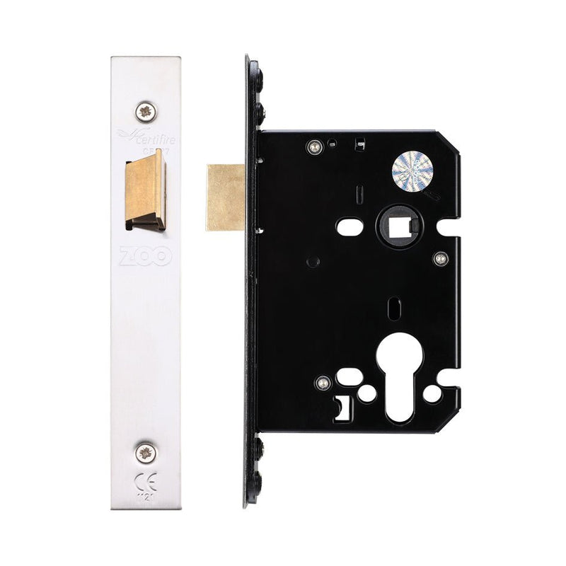 Zoo Hardware Upright Latch with a stainless steel faceplate and a black metal casing, featuring a brass bolt and various keyholes and openings for installation.