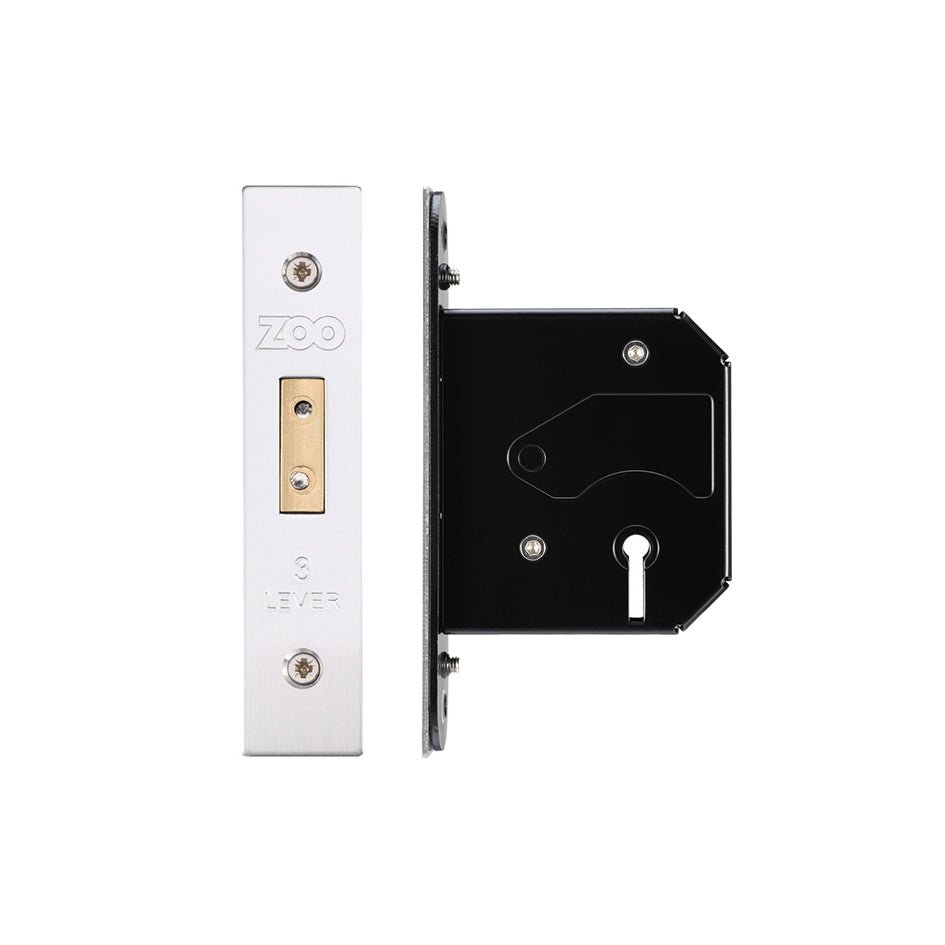 Zoo Hardware 3 Lever Replacement Dead Lock featuring a steel body with a brushed metal faceplate and a black backplate, designed for secure locking.