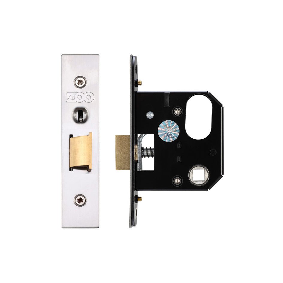 Zoo Hardware Replacement Nightlatch in a silver finish, featuring a rectangular faceplate and a black body with a cylinder and latch mechanism visible.