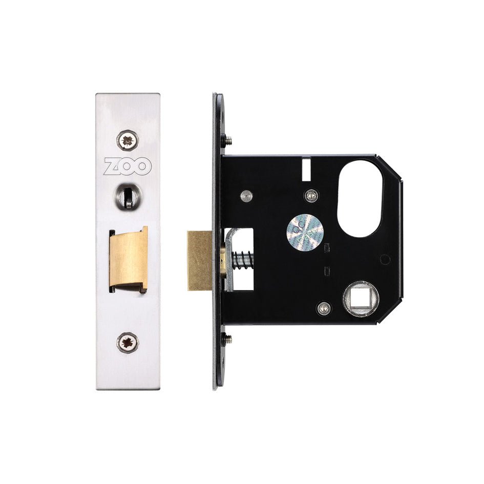 Zoo Hardware Replacement Nightlatch with a stainless steel faceplate and a black metal body, featuring a latch mechanism and a round cutout for key access.