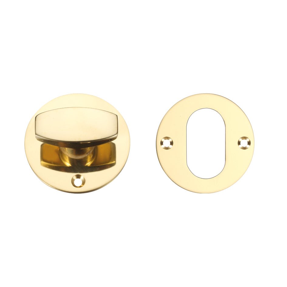 Zoo Hardware Replacement Nightlatch Turn and Escutcheon in a polished brass finish, featuring a round turn handle and an oval escutcheon plate for secure door locking.