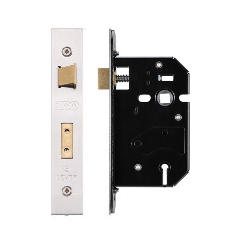 Zoo Hardware 3 Lever Replacement Sash Lock with a stainless steel faceplate and a black metal housing, featuring three key-operated levers for added security.
