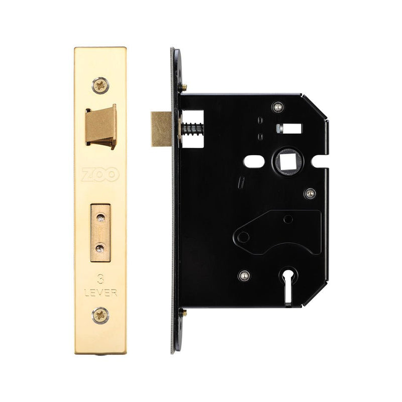 Zoo Hardware 3 Lever Replacement Sash Lock in brass finish, featuring a three-lever mechanism and a black metal backplate, designed for secure locking and replacement use.