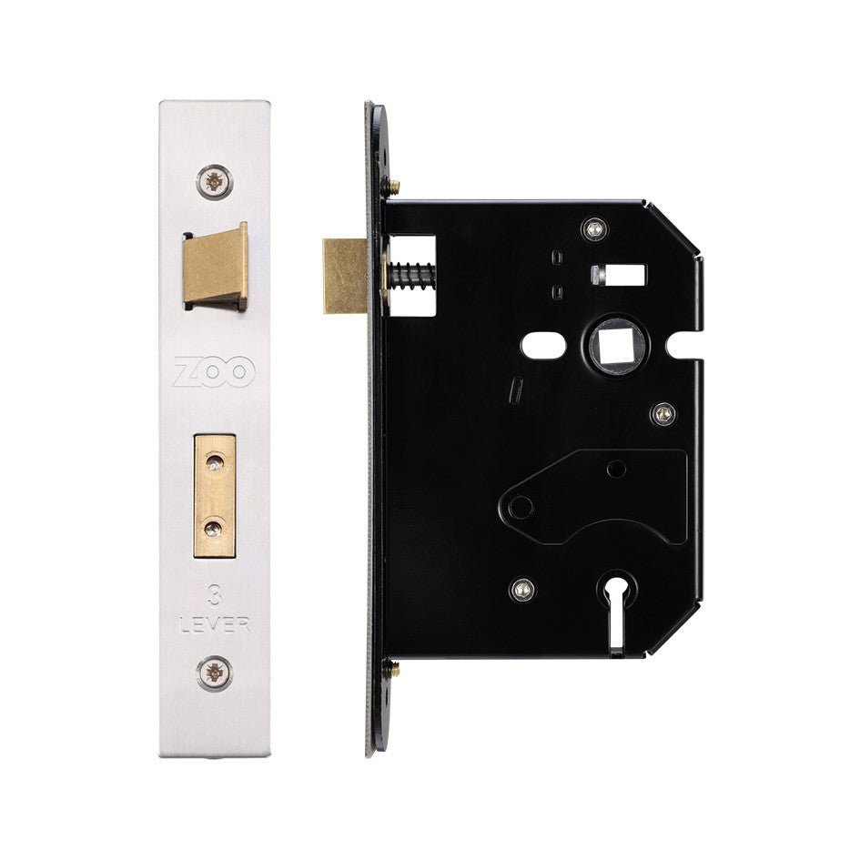 Zoo Hardware 3 Lever Replacement Sash Lock featuring a stainless steel faceplate and black metal mechanism, designed for secure sash window locking with a three-lever system.