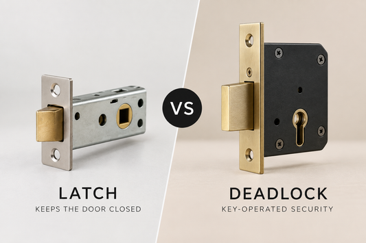 Deadlock vs latch door lock comparison showing a tubular latch and key-operated deadlock