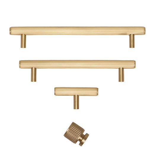 Solid Brass Straight Knurled Kitchen Pull Handles & Knobs - Satin Brass Finish