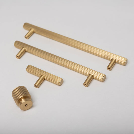 Solid Brass Straight Knurled Kitchen Pull Handles & Knobs - Satin Brass Finish