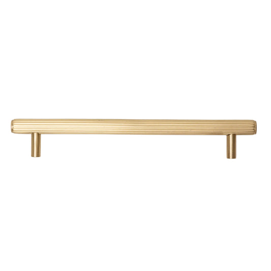 Brass bee Solid Brass Straight Knurled Kitchen Pull Handle in satin brass finish, featuring a straight design with knurled texture and two mounting posts.