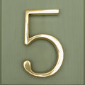 Brass bee Premium Floating Plain House Number in polished brass finish, displaying the numeral 5, with a sleek, rounded design and a shiny surface.