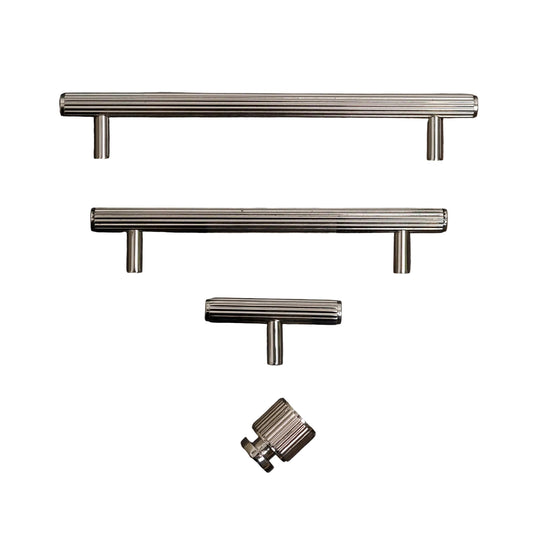 Solid Brass Straight Knurled Kitchen Pull Handles & Knobs - Polished Nickel Finish