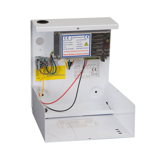 Zoo Hardware 13.8Vdc 1 Amp Power Supply with Switch Mode - Full Current Load, featuring a metal casing, various colored wires, and indicator lights, designed for efficient power management.