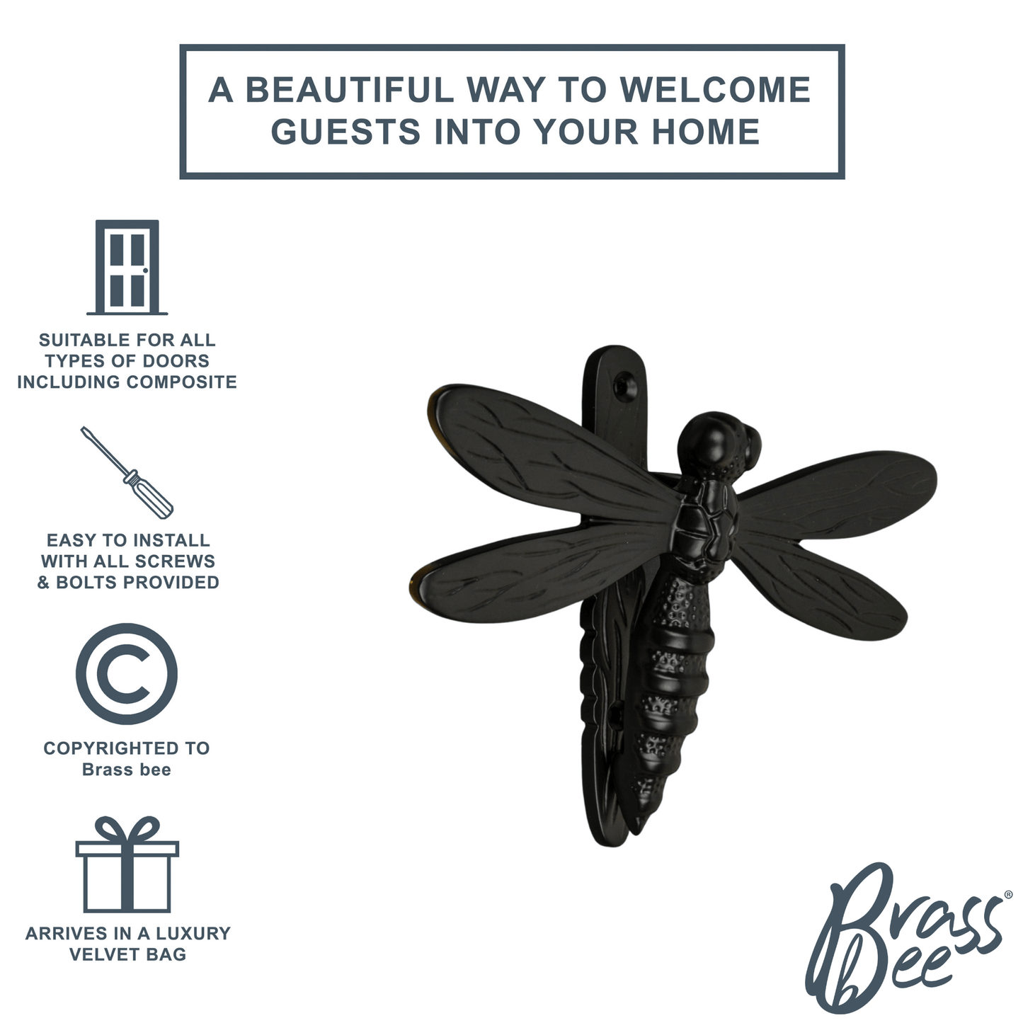 Brass Dragonfly Door Knocker - Black Finish - Brass bee