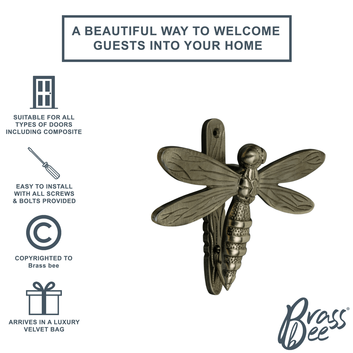 Brass Dragonfly Door Knocker - Pewter Finish - Brass bee