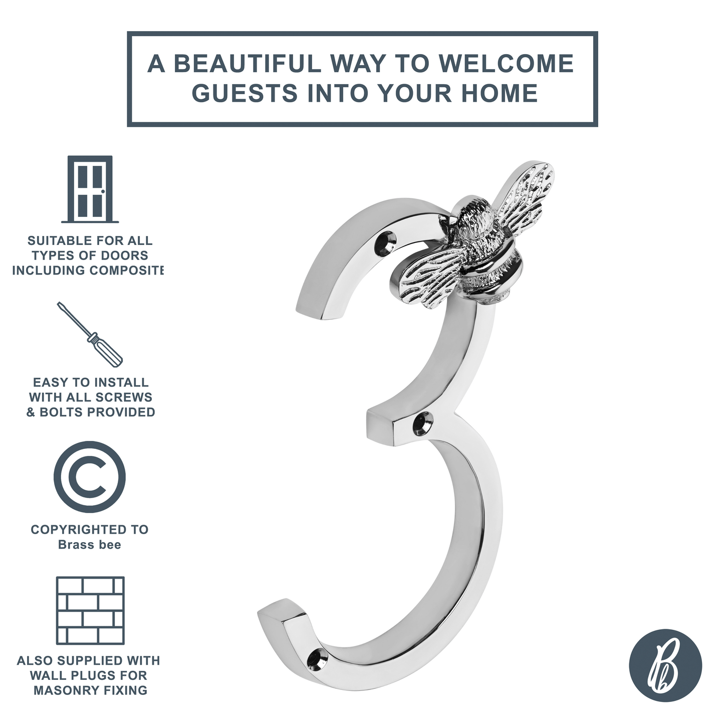 Brass bee Premium House Numbers with Bee in Nickel Finish 0-9 - Brass bee