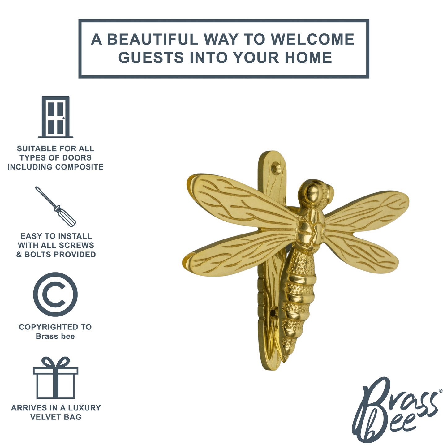 Brass Dragonfly Door Knocker - Brass Finish - Brass bee