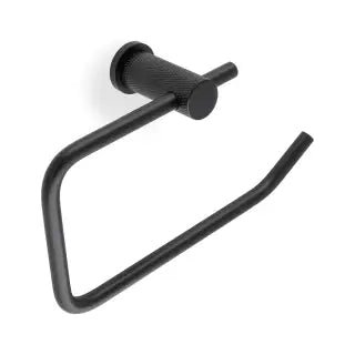 Alexander & Wilks Brunel Diamond Knurled Toilet Roll Holder in matte black, featuring a knurled design for grip and a minimalist curved shape, mounted on a wall with a circular backplate.