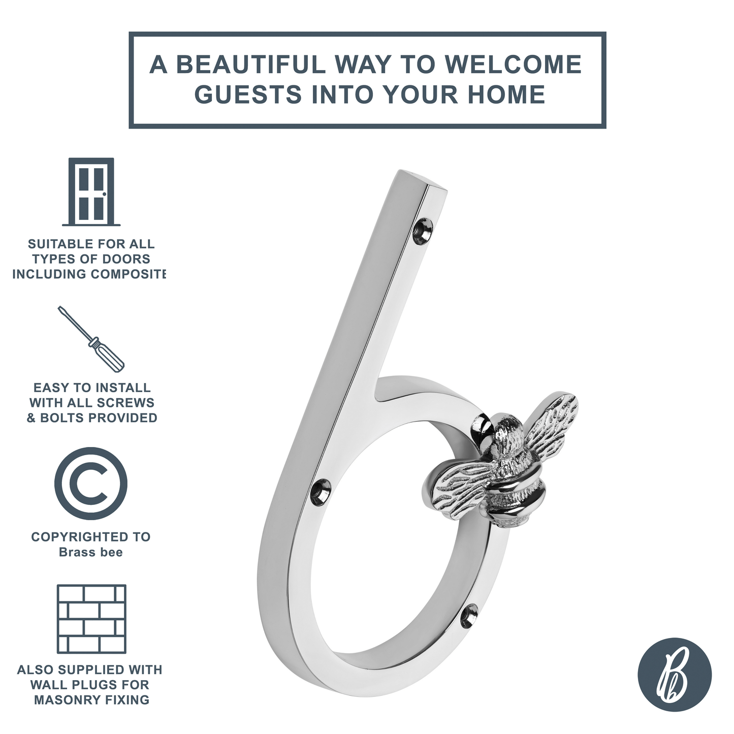 Brass bee Premium House Numbers with Bee in Nickel Finish 0-9 - Brass bee