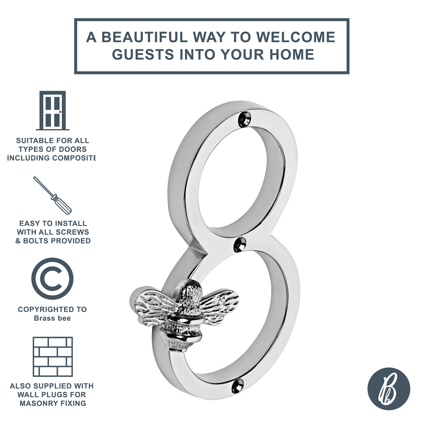 Brass bee Premium House Numbers with Bee in Nickel Finish 0-9 - Brass bee