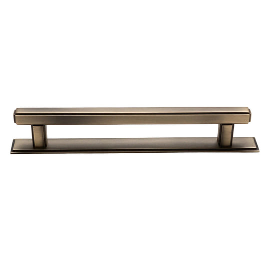 Brass bee Solid Brass Art Deco Kitchen Pull Handles & Knobs with Backplates in antique brass finish, featuring a sleek rectangular design and sturdy construction for cabinetry.