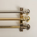 Brass bee Nickel Stair Rods with Mushroom Finials, measuring 725mm, featuring three metal finishes: polished nickel, brass, and antique bronze with rounded finials.